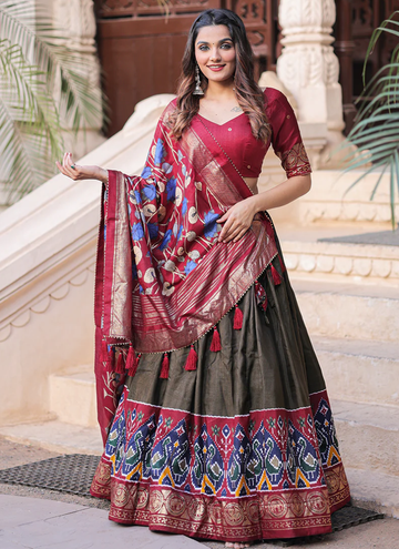 Designer Patola Printed Dola Silk Mahendi Green Lehenga Choli